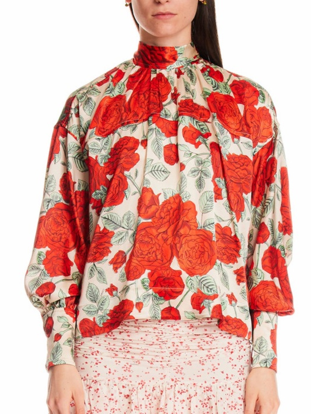 Ganni Rose Print Oversized Tie-Neck Stretch-Silk Blouse